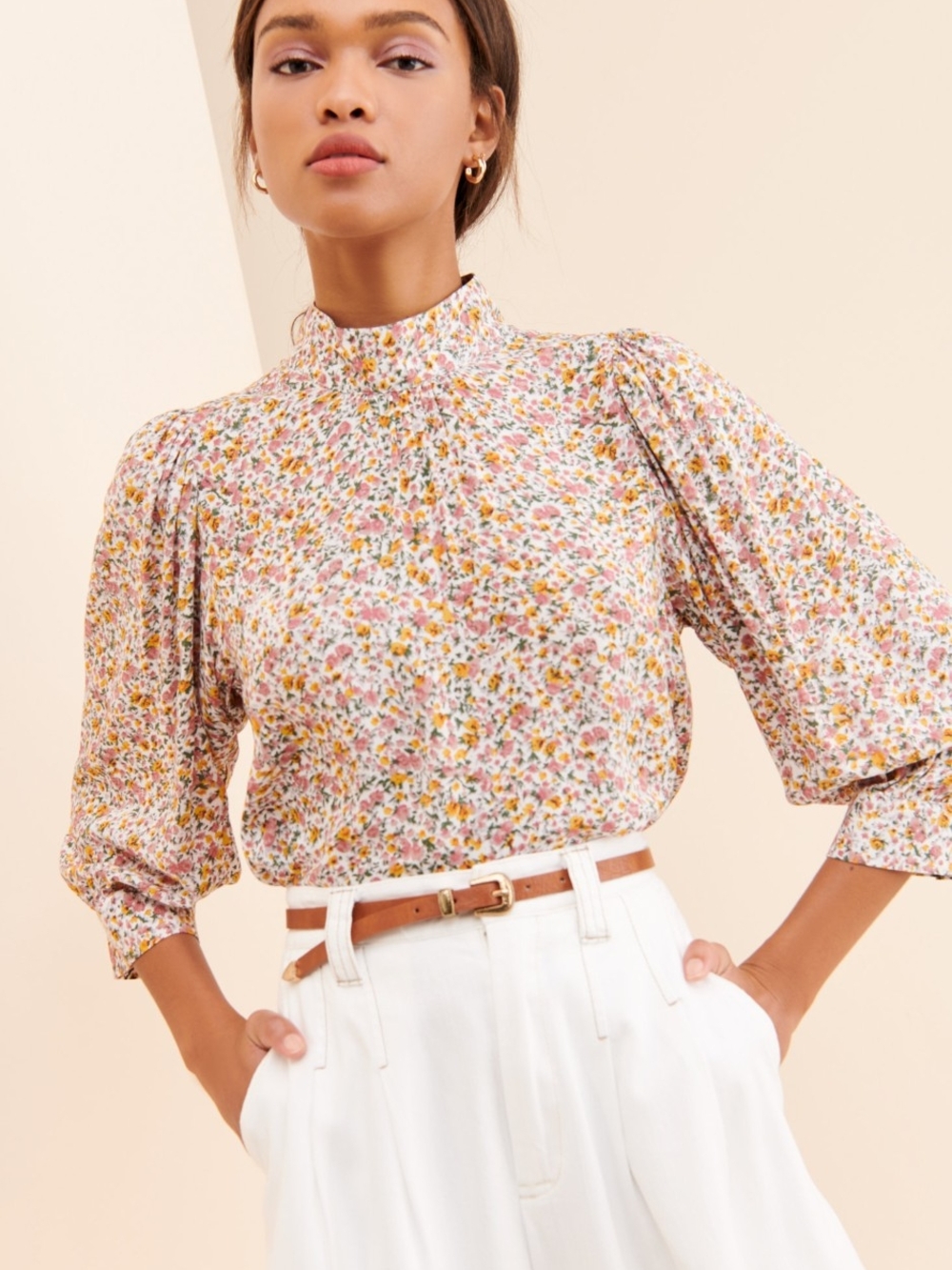 Free People Puff Sleeve Mock Neck Three Quarter Length Cuffed Sleeve Blouse M